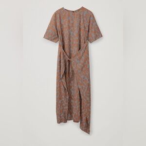 COS Printed Asymmetric Tie Faux Wrap Midi Dress Size 10 Polka Dot Stripes Pocket